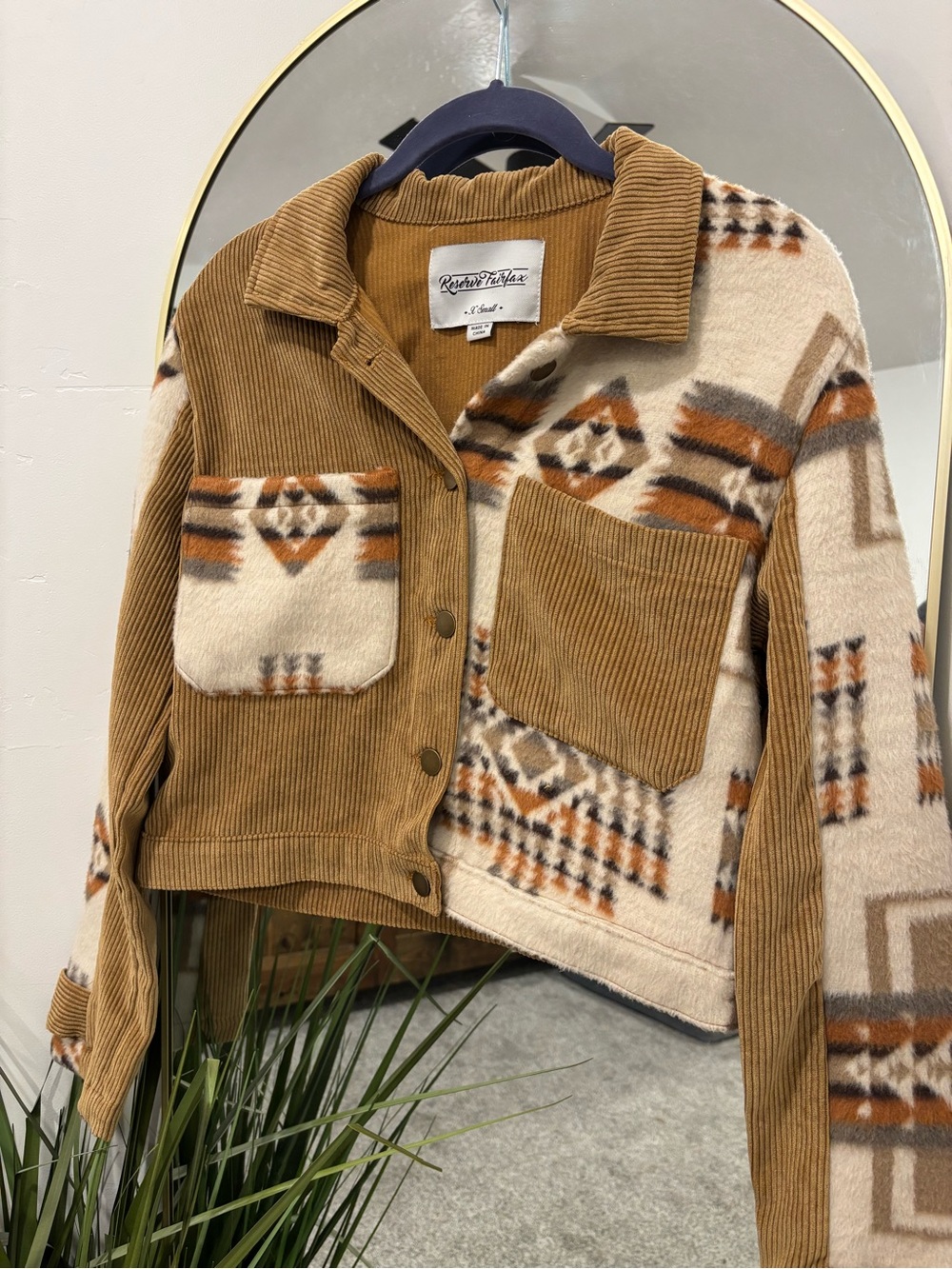 Reserve Fairfax brown corduroy jacket with Aztec pattern. Size xxs
